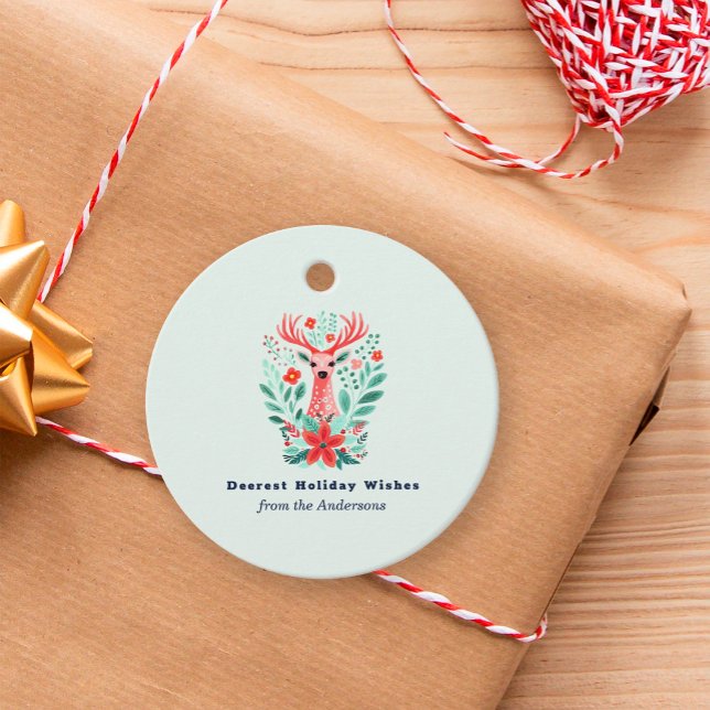 Étiquettes Cadeau Noël Reindeer rose Floral vacances (Créateur téléchargé)