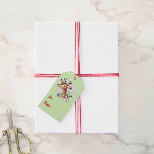 Étiquettes-cadeau Noël Renne Rétro (Avec de la ficelle)