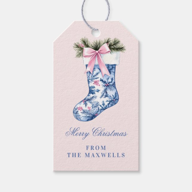 Étiquettes-cadeau Noël rose et bleu Grandmillennial Stocking (Devant)