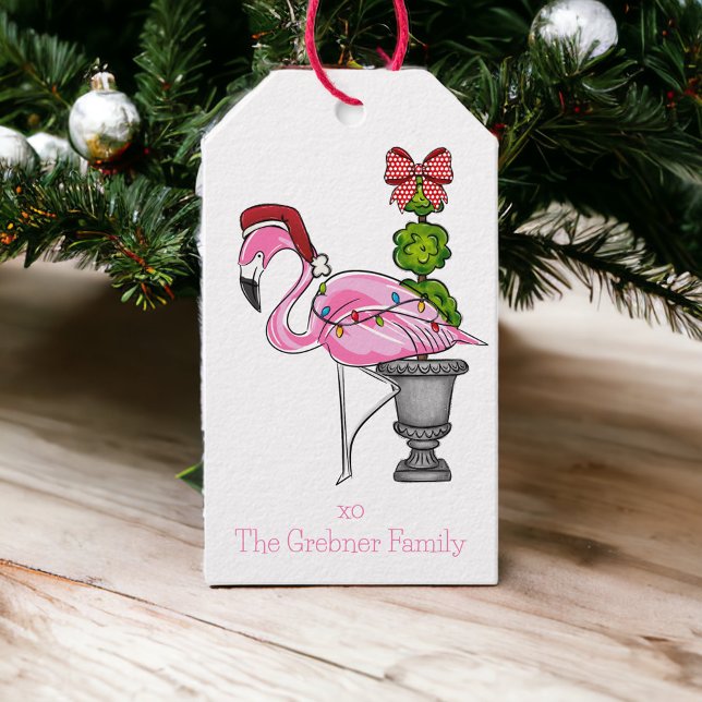 Étiquettes-cadeau Noël rose Flamant rose Père Noël personnalisé (Créateur téléchargé)