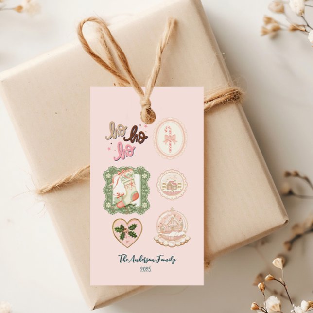 Étiquettes-cadeau Noël Rose Vert Rétro (Créateur téléchargé)