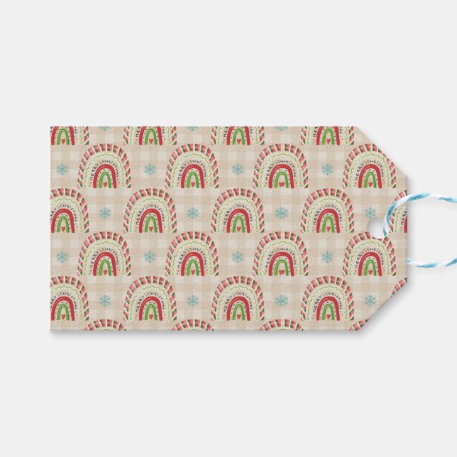 Étiquettes-cadeau Noël Rouge Blanc Vert Arcs-en-ciel & Snowflakes (Devant (Horizontal))