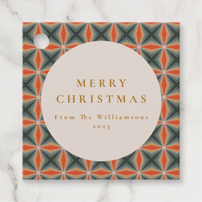 Étiquettes Cadeau Noël Rouge Vert Mi-Siècle Étoiles Personnalisé (Devant)