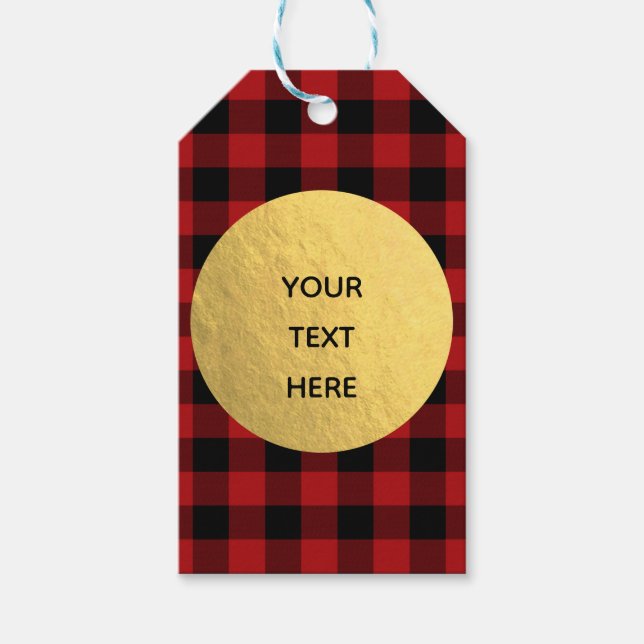 Étiquettes-cadeau Noël Russe Vacances Rouge Buffalo Plaid Gold (Devant)