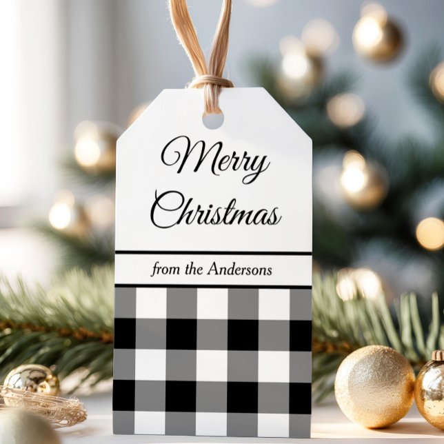 Étiquettes-cadeau Noël rustique à carreaux noir et blanc (Rustic Black And White Plaid Christmas Gift Tags)