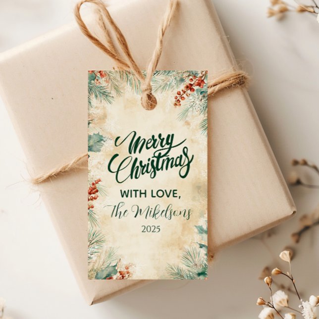 Étiquettes-cadeau Noël rustique Holly et Pine (Créateur téléchargé)