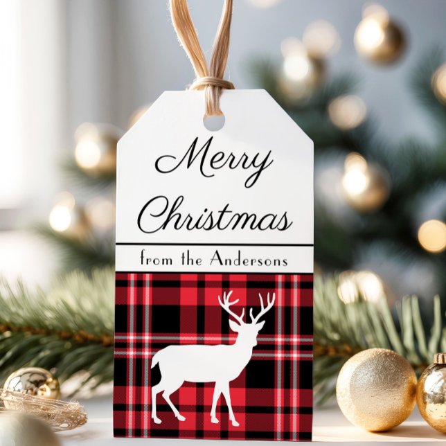 Étiquettes-cadeau Noël Scottish Red Tartan Plaid Motif Stade (Christmas Scottish Red Tartan Plaid Pattern Stag Gift Tags)