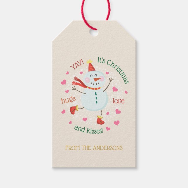 Étiquettes-cadeau Noël Snowman Hugs Love Kisses (Devant)