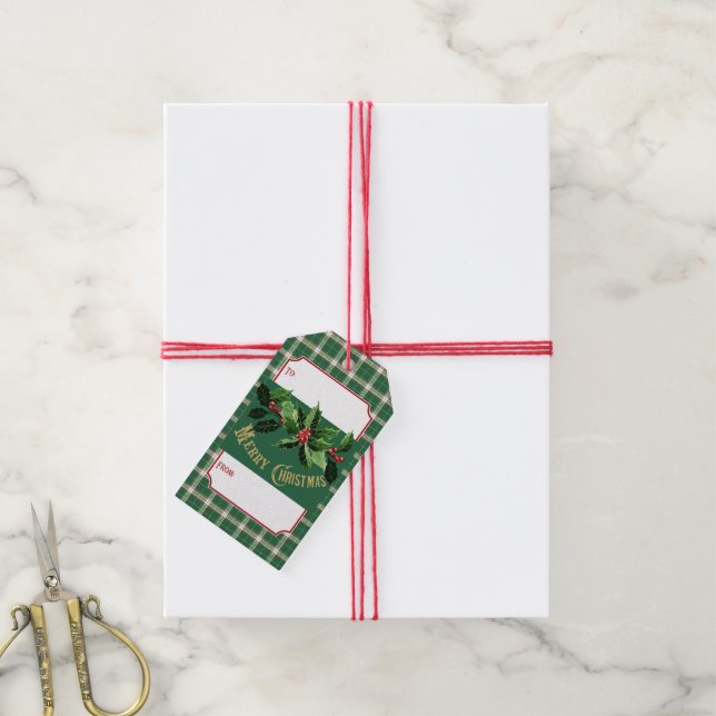 Étiquettes-cadeau Noël vert et blanc plaid (Avec de la ficelle)