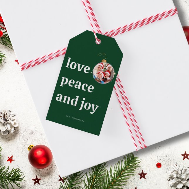 Étiquettes-cadeau Noël vert Photo de famille Amour Paix Joie (Créateur téléchargé)