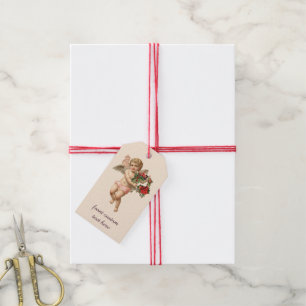 Étiquettes-cadeau Noël vintage, ange victorien avec couronne de fleu
