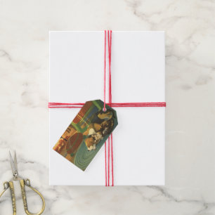 Étiquettes-cadeau Noël vintage, Animaux endormis près de la cheminée