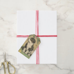 Étiquettes-cadeau Noël Vintage, Chiot Mignon Sous l'Arbre de Noël