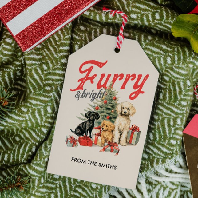 ÉTIQUETTES-CADEAU NOËL VINTAGE FROID ET LUMINEUX (FURRY AND BRIGHT DOGS UNDER CHRISTMAS TREE HOLIDAY GIFT TAG PET THEME VINTAGE RETRO)