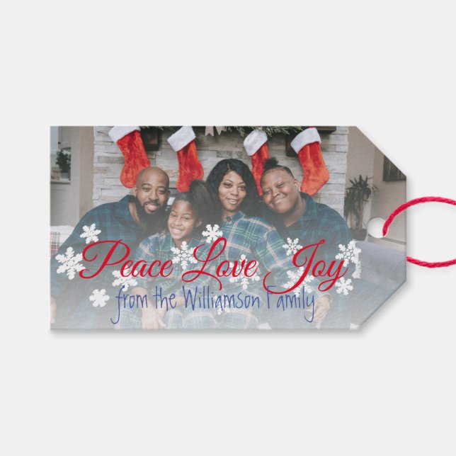 Étiquettes-cadeau Noël Votre Photo Peace Love Joy Red Script (Devant (Horizontal))