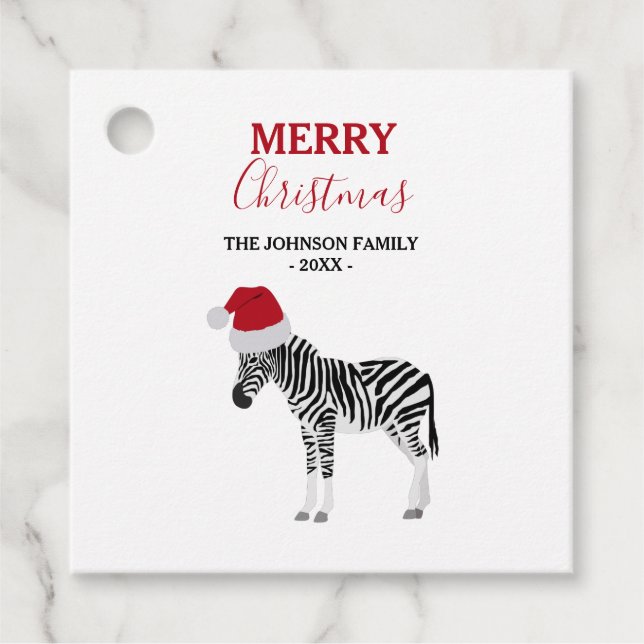 Étiquettes Cadeau Noël Zebra Funny Animal avec Santa Hat (Devant)
