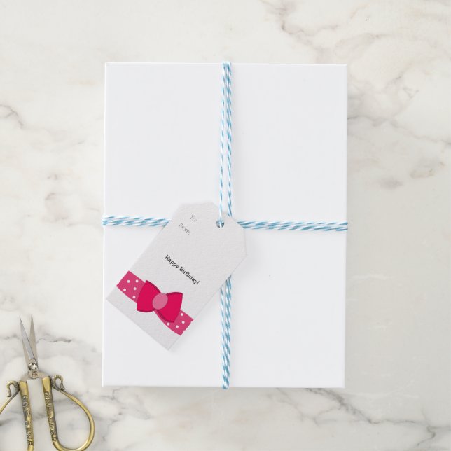 Étiquettes-cadeau Nœud à pois rose (Avec de laficelle)