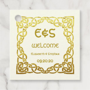 Étiquettes Cadeau Nœud celtique en faux or sur accueil de mariage iv