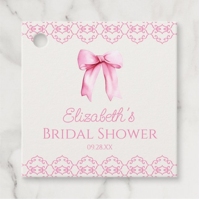 Étiquettes Cadeau Nœud Coquette Rose Fête de Mariage (Devant)