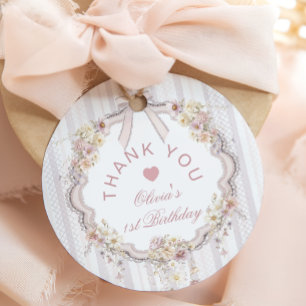 Étiquettes Cadeau Noeud floral 1er anniversaire fille Merci