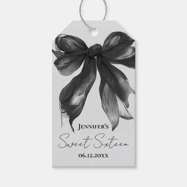 Étiquettes-cadeau Nœud noir Coquette Script Douce Fête 16 Grise  (Devant)
