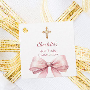 Étiquettes Cadeau Nœud rose pastel et croix pour fille de première c