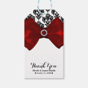 Étiquettes-cadeau Nœud rouge en damassé noir et blanc, fête glamour 