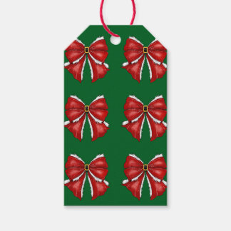 Étiquettes-cadeau Nœuds de Noël rouges élégants sur fond vert foncé