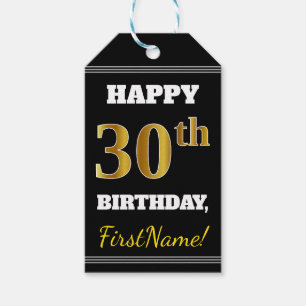 Étiquettes-cadeau Noir, anniversaire d'or de Faux 30ème + Nom fait