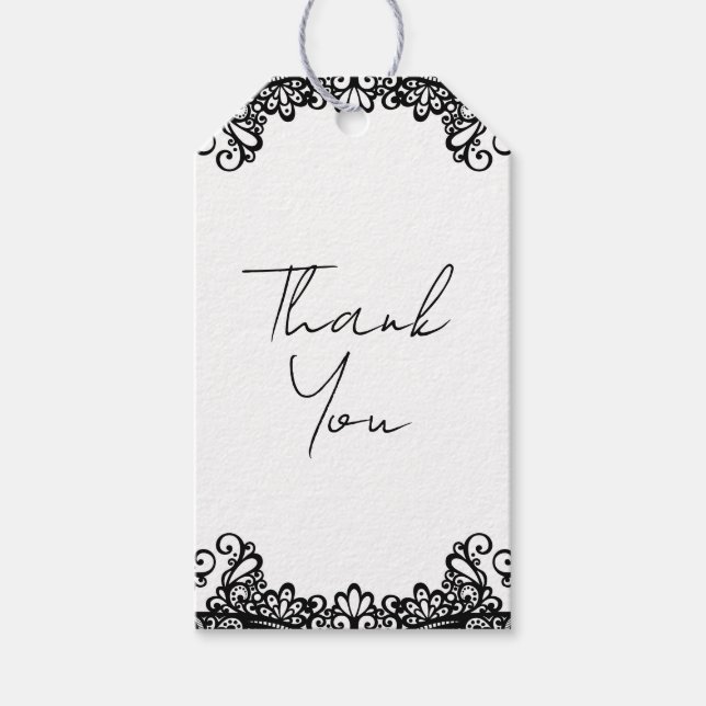 Étiquettes-cadeau Noir & Blanc dentelle élégant mariage (Devant)