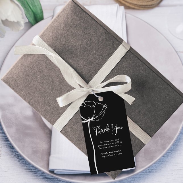 Étiquettes-cadeau Noir Blanc Gras minimal Mariage Floral Merci (Créateur téléchargé)