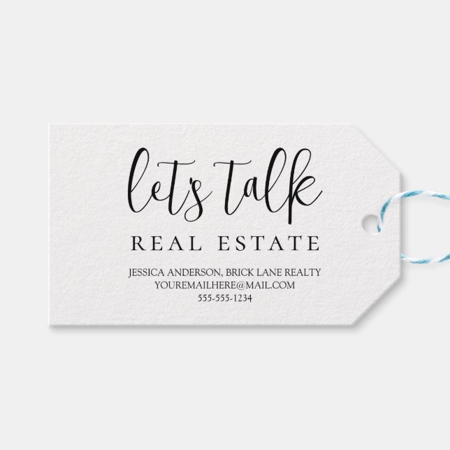 Étiquettes-cadeau Noir Blanc Parlons Immobilier Coordonnées (Devant (Horizontal))