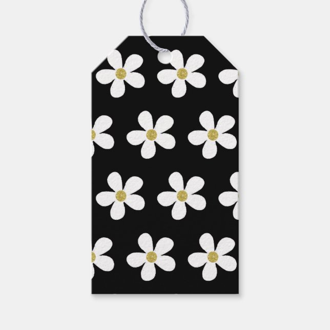 Étiquettes-cadeau Noir blanc Simple Motif en or marguerite (Devant)