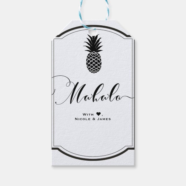 Étiquettes-cadeau Noir  Blanc Tropical Ananas Favori MAHALO ALOHA (Devant)