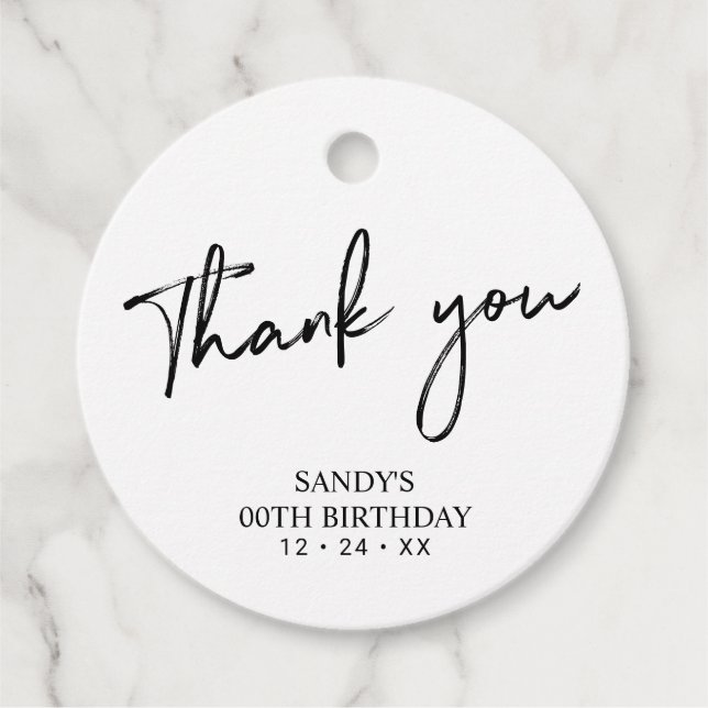 Étiquettes Cadeau Noir Brush Script Anniversaire Fête Merci Favorise (Devant)