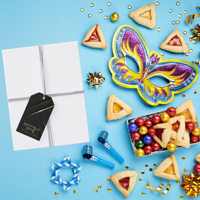 Étiquettes-cadeau Noir classique et or A Freilichen Purim (Créateur téléchargé)