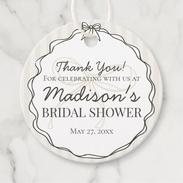 Étiquettes Cadeau Noir Cocotte Nœud Chocolat Rayé Douce Mariée (Devant)