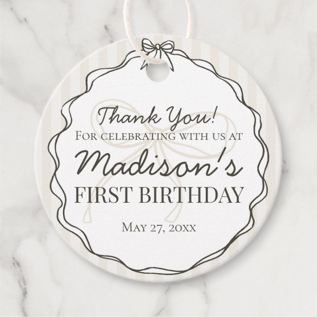 Étiquettes Cadeau Noir Coquette Bow Beige rayé Anniversaire (Devant)