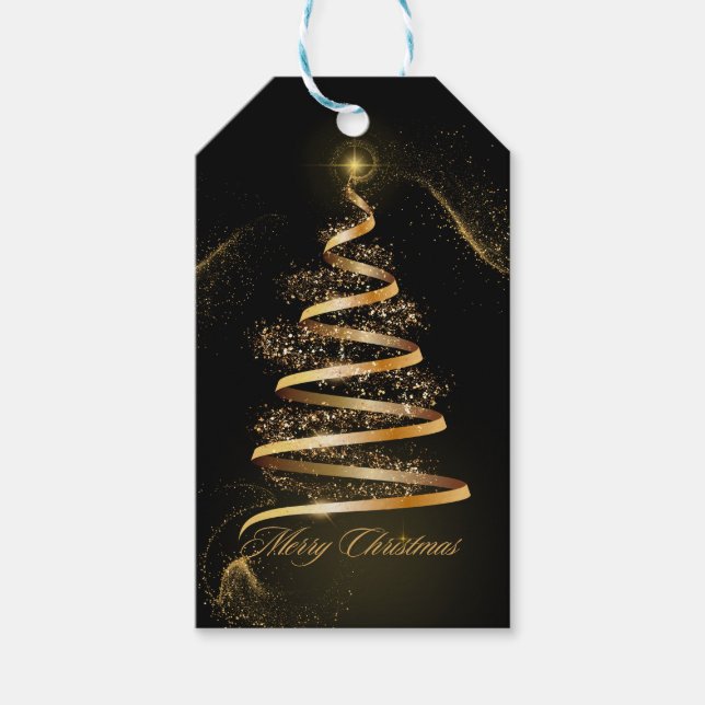 Étiquettes-cadeau noir doré élégant sapin de noël étincelant (Devant)
