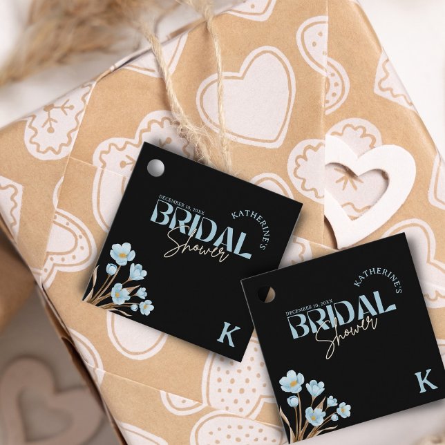 Étiquettes Cadeau Noir Élégant Fleurs Aquarelle Bleue Baby Shower de (Créateur téléchargé)
