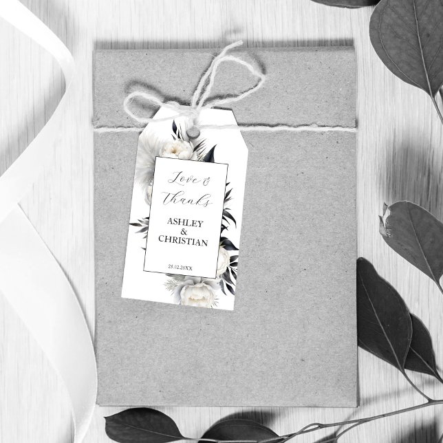Étiquettes-cadeau Noir et blanc boho mariage faveur merci (Black and white boho peony flowers wedding favor thank you gift tags elegant favor tags wedding favo)