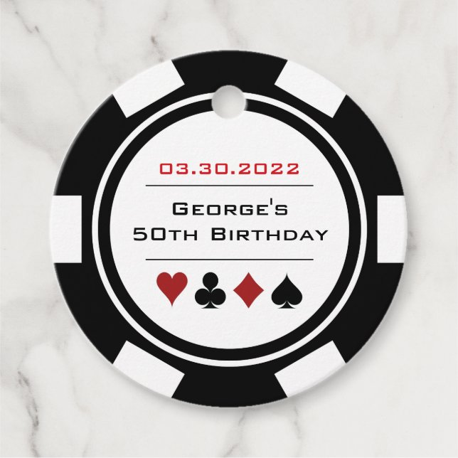 Étiquettes Cadeau Noir et blanc Casino Poker Chip Anniversaire (Devant)