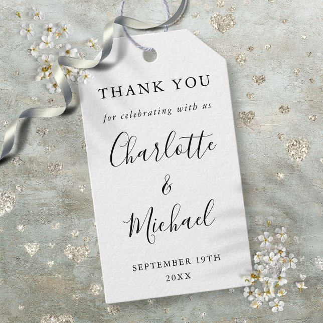 Étiquettes-cadeau Noir Et Blanc Script Mariage Favoriser Merci (Black And White Script Wedding Favor Thank You Gift Tags)