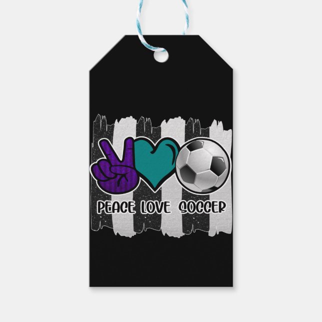 Étiquettes-cadeau Noir et blanc Striped Peace Love Soccer (Devant)