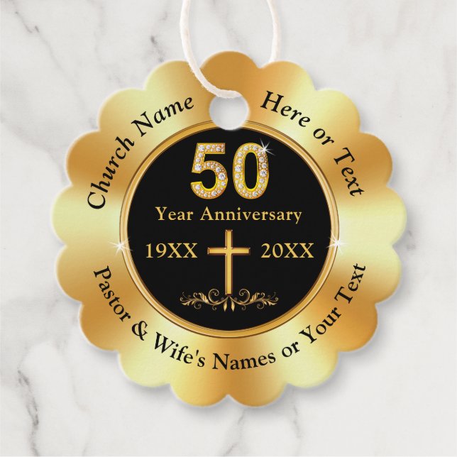 Étiquettes Cadeau Noir et or, 50 ans d'anniversaire de l'église, (Devant)