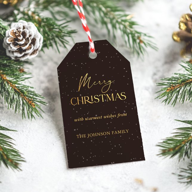 Étiquettes-cadeau Noir et or moderne Joyeux Noël Nom de famille (Elegant black and gold-effect 'Merry Christmas' personalized name tags)