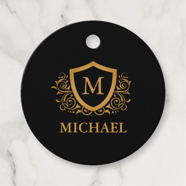 Étiquettes Cadeau Noir et Or Personnalisé Stylo Nom Monogramme (Devant)