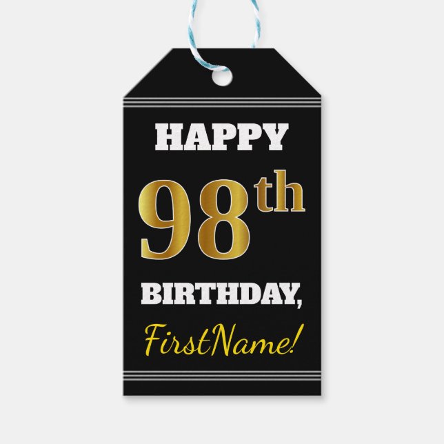 Étiquettes-cadeau Noir, Faux Gold 98e anniversaire + Nom personnalis (Devant)