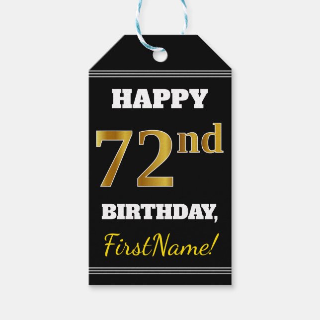 Étiquettes-cadeau Noir, Faux Or 72e anniversaire + Nom personnalisé (Devant)