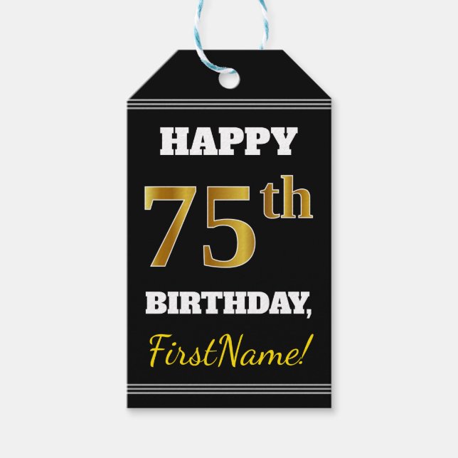 Étiquettes-cadeau Noir, Faux Or 75e anniversaire + Nom personnalisé (Devant)